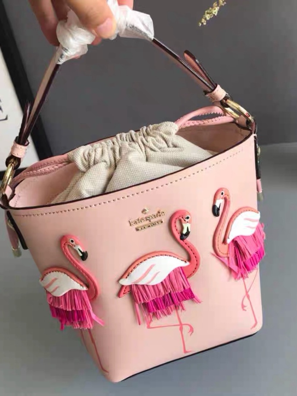 kate spade Pink Flamingo Appliqué Bucket Shoulder Bag